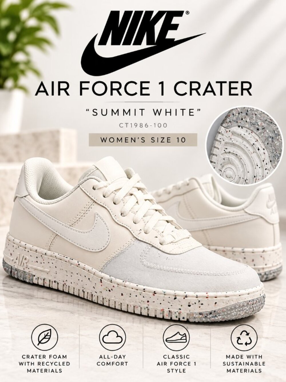 Nike Air Force 1 Crater "Summit White" Women's Size 10 Sneaker CT1986-100